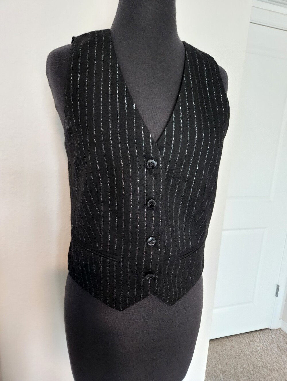 Anthropologie Black Vest with Silver Pinstripes